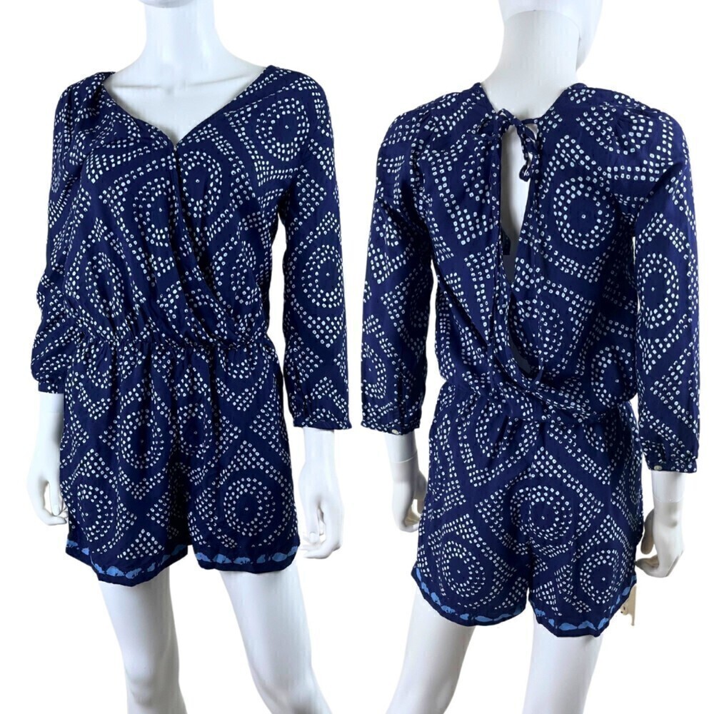 Sanctuary Size XS Shibori Blue Faux Wrap Open Back Romper NEW Boho Resort Beach